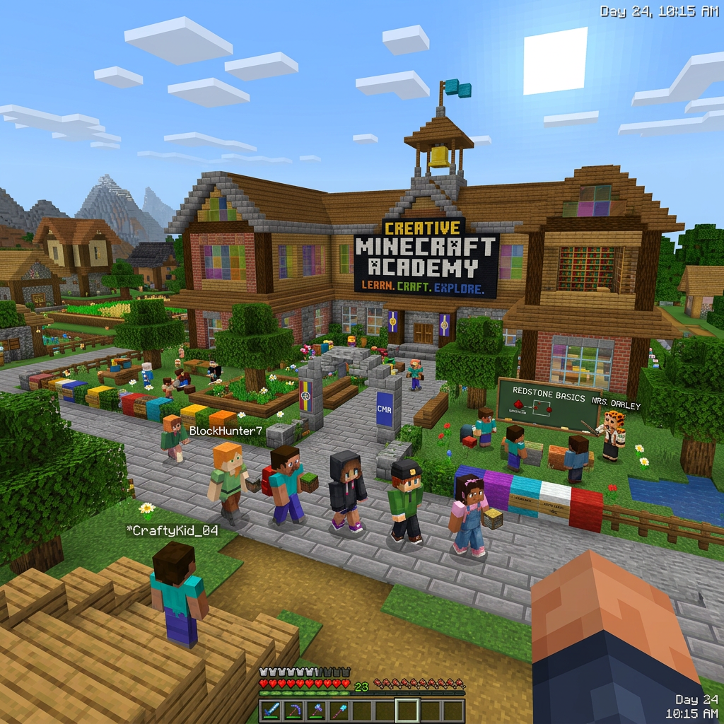 Minecraft Creative Academy building with players walking and learning outside